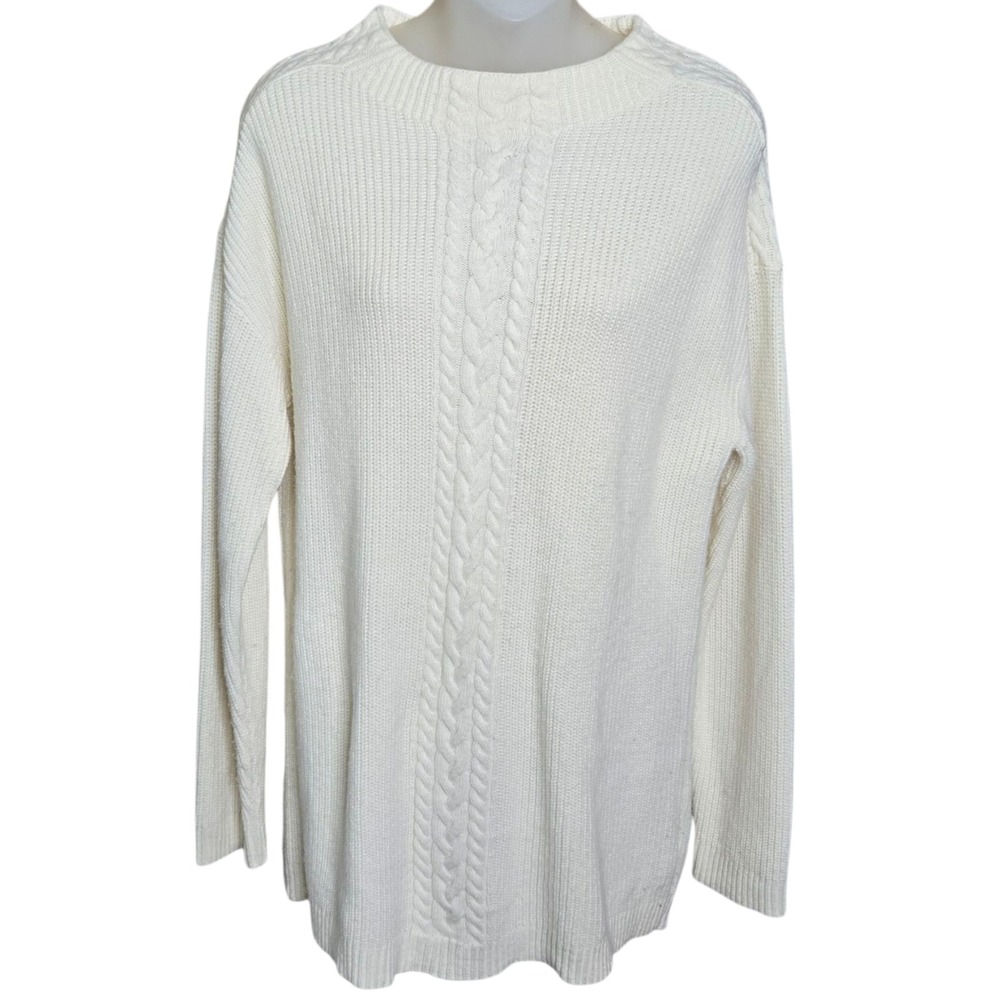 Talbots Womens Cable Knit‎ Sweater Size Large Cream Fisherman Lambswool Blend